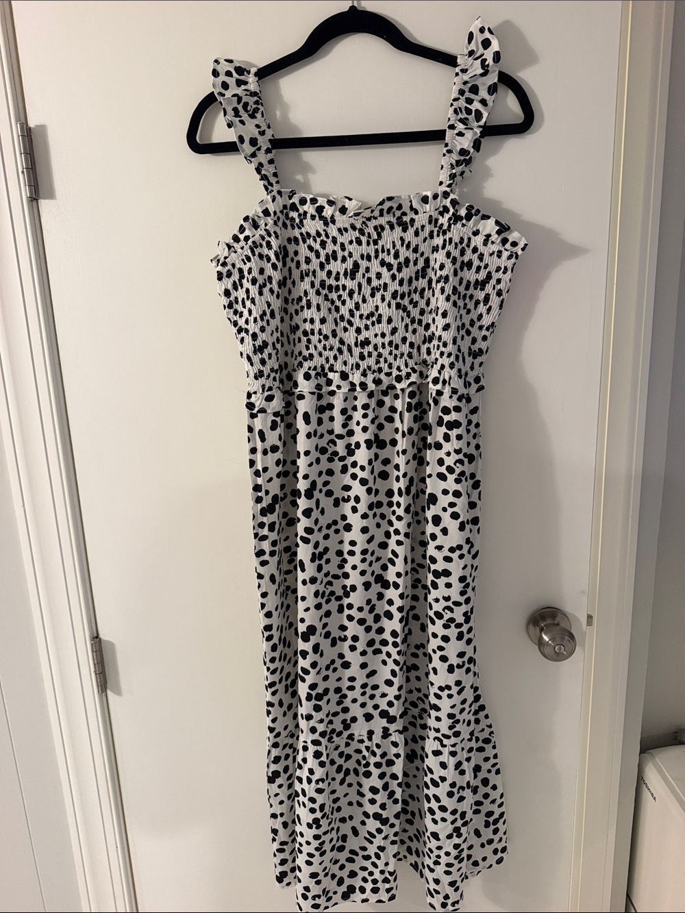 Smocked Black and White Dalmatian-Print Maxi Dress